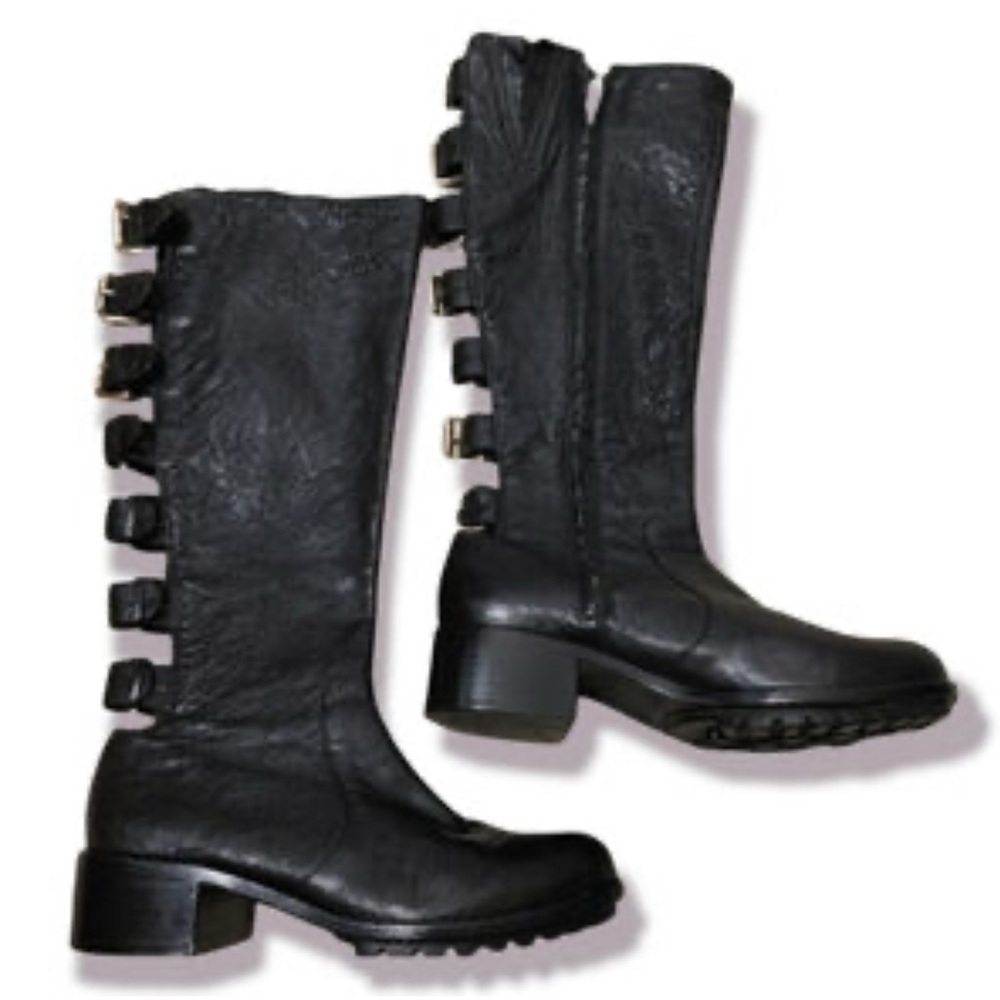 Elizabeth and James Black Heeled Back Buckle Detailed Tall Boots